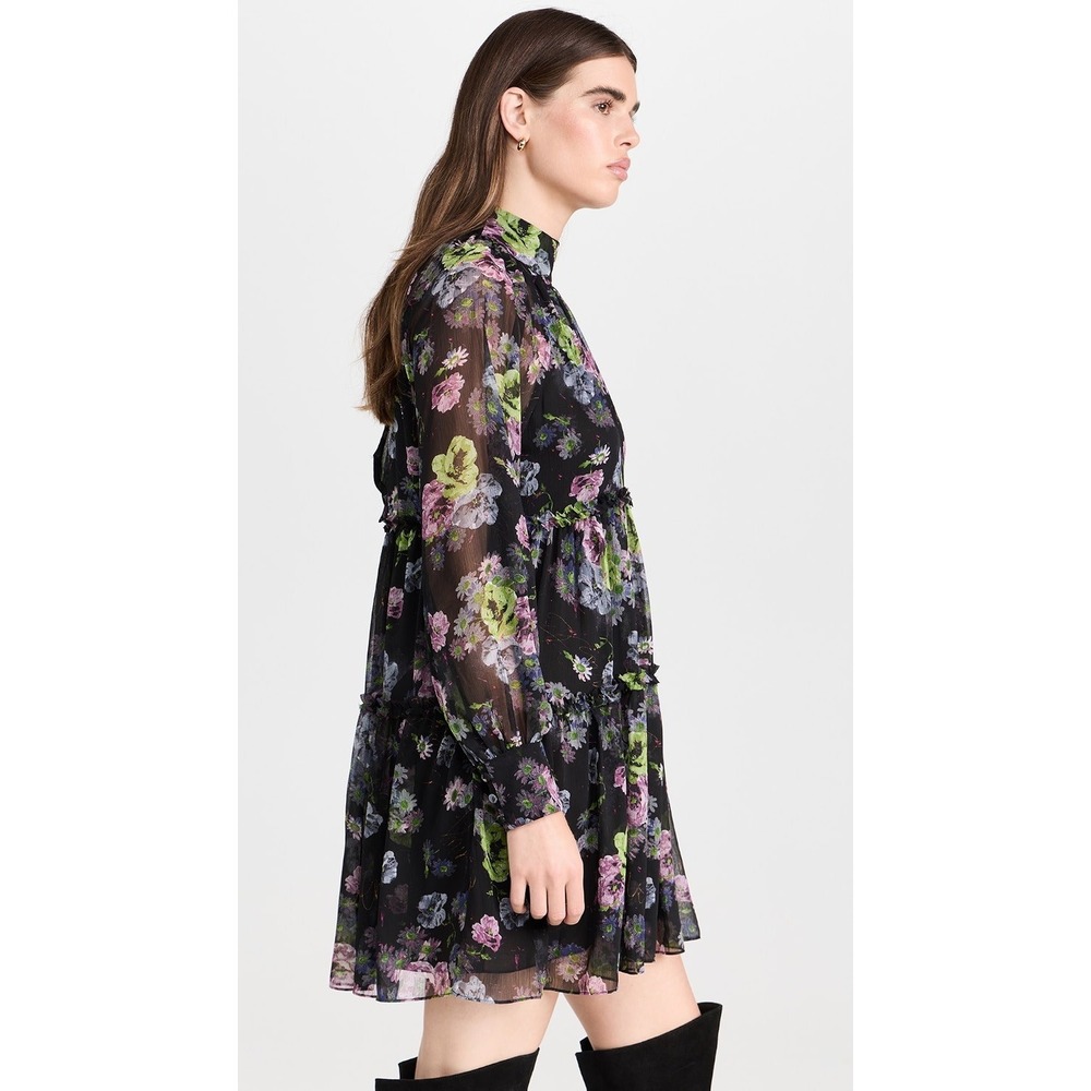 NWT Cinq a Sept Midnight Bloom Revina Dress Size 12 Dark Floral Tie Neck Tiered - Picture 10 of 15